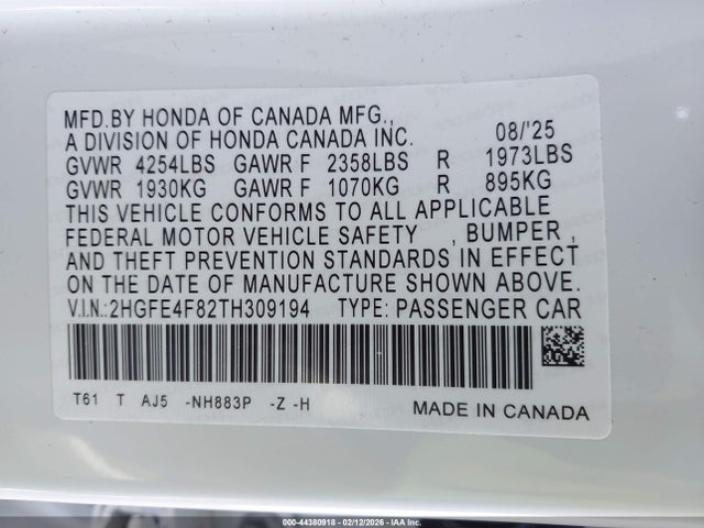 2HGFE4F82TH309194 Honda Civic Hybrid Sport/sport Touring