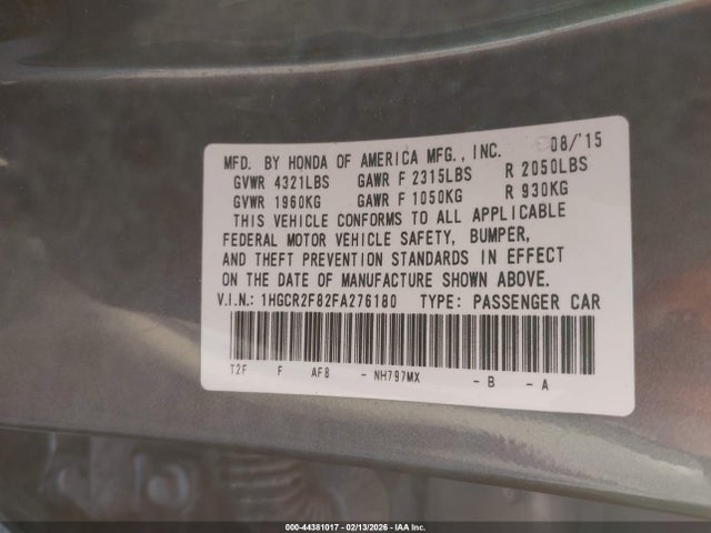 1HGCR2F82FA276180 Honda Accord Ex-l
