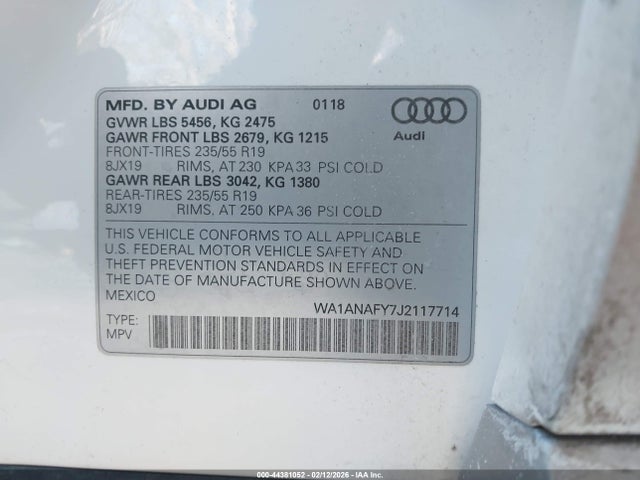 Aukcja sprzedaży 2018 Audi Q5 2.0t Premium/2.0t Tech Premium, vin: WA1ANAFY7J2117714, numer aukcji: 44381052