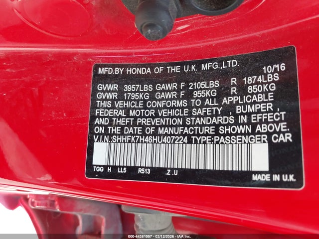 SHHFK7H46HU407224 Honda Civic Sport
