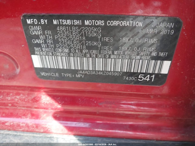Продаж на аукціоні авто 2019 Mitsubishi Outlander Se, vin: JA4AD3A34KZ045907, номер лоту: 44381066