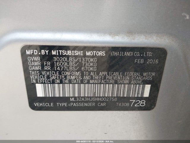 Продаж на аукціоні авто 2017 Mitsubishi Mirage Es, vin: ML32A3HJ6HH002758, номер лоту: 44381110