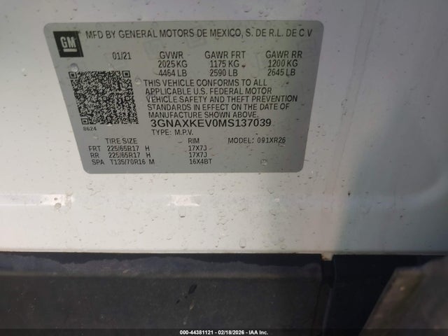 3GNAXKEV0MS137039 Chevrolet Equinox Fwd Lt