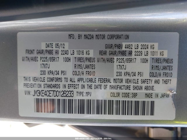 44381192 :رقم المزاد ، JM3KE4CE7D0126233 vin ، 2013 Mazda Cx-5 Touring مزاد بيع