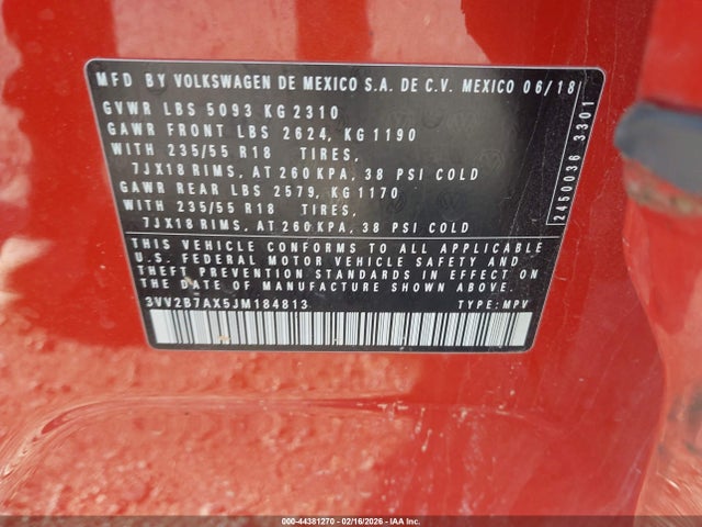 44381270 :رقم المزاد ، 3VV2B7AX5JM184813 vin ، 2018 Volkswagen Tiguan 2.0t Se/2.0t Sel مزاد بيع