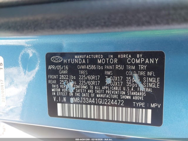 44381289 :رقم المزاد ، KM8J33A41GU224472 vin ، 2016 Hyundai Tucson Se مزاد بيع