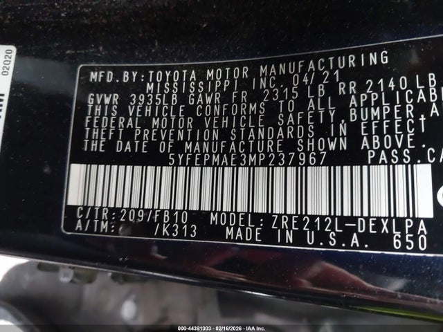 Toyota COROLLA LE 2021 5YFEPMAE3MP237967 Image 9