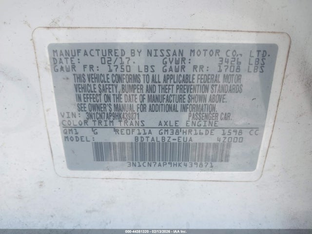 3N1CN7AP9HK439871 Nissan Versa 1.6 Sv