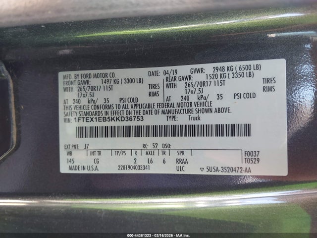 1FTEX1EB5KKD36753 Ford F-150 Xl