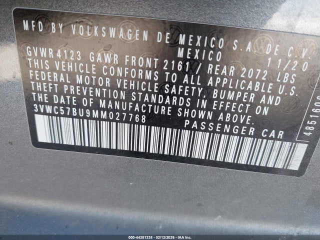 44381338 :رقم المزاد ، 3VWC57BU9MM027768 vin ، 2021 Volkswagen Jetta 1.4t R-line/1.4t S/1.4t Se مزاد بيع