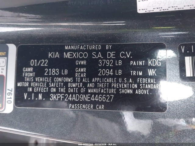 3KPF24AD9NE446627 KIA Forte Lxs