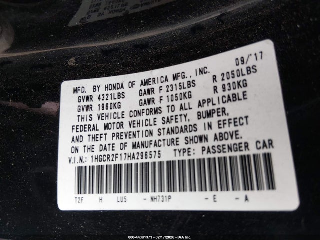 1HGCR2F17HA296575 Honda Accord Sport Se