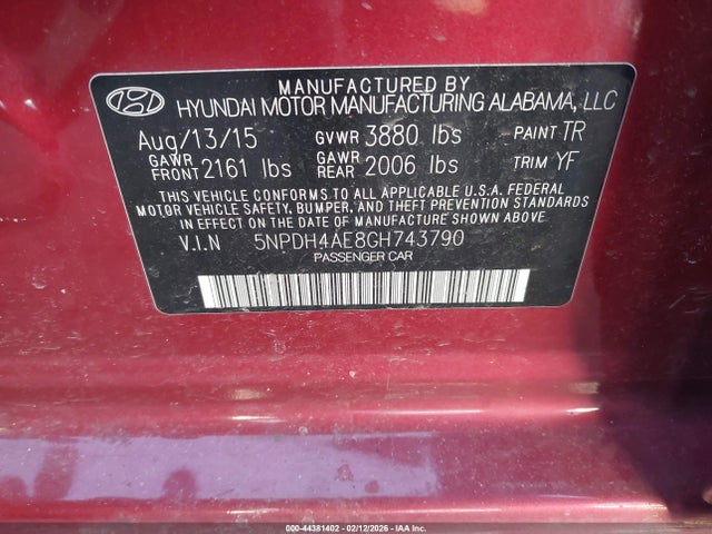 Aukcja sprzedaży 2016 Hyundai Elantra Se, vin: 5NPDH4AE8GH743790, numer aukcji: 44381402