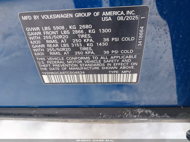 Продаж на аукціоні авто 2026 Volkswagen Atlas Se With Technology, vin: 1V2HN2CA6TC504624, номер лоту: 44381410