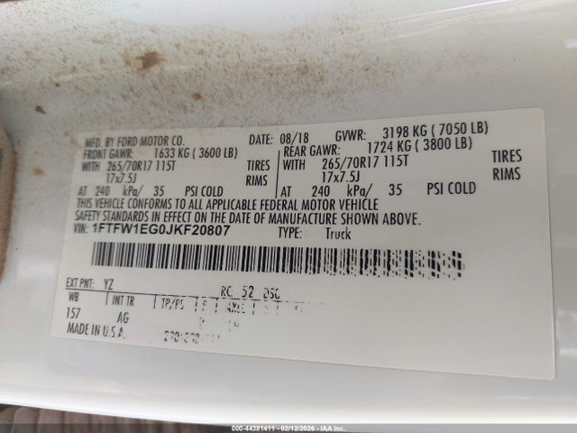 1FTFW1EG0JKF20807 Ford F-150 Xl