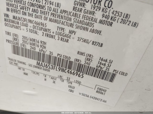 44381444 :رقم المزاد ، MAJ6S3FL9NC466965 vin ، 2022 Ford Ecosport S مزاد بيع