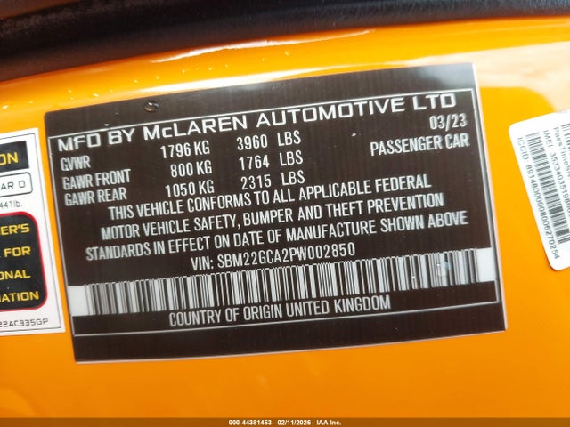 2023 Mclaren Gt მანქანა იყიდება აუქციონზე, vin: SBM22GCA2PW002850, აუქციონის ნომერი: 44381453
