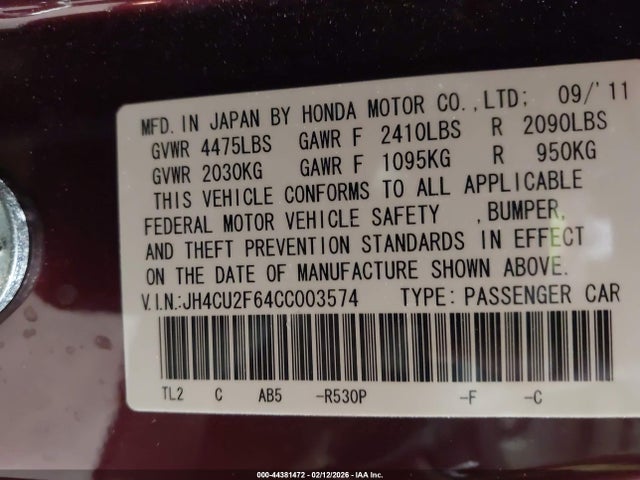 Продаж на аукціоні авто 2012 Acura Tsx 2.4, vin: JH4CU2F64CC003574, номер лоту: 44381472
