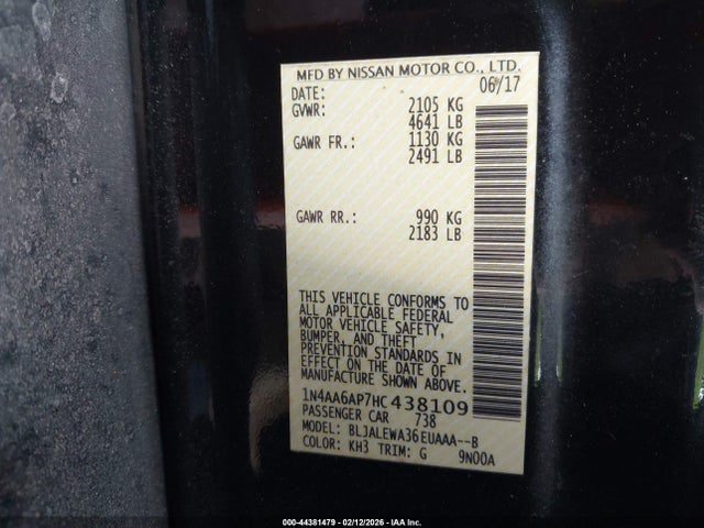 2017 Nissan Maxima 3.5 Sl მანქანა იყიდება აუქციონზე, vin: 1N4AA6AP7HC438109, აუქციონის ნომერი: 44381479