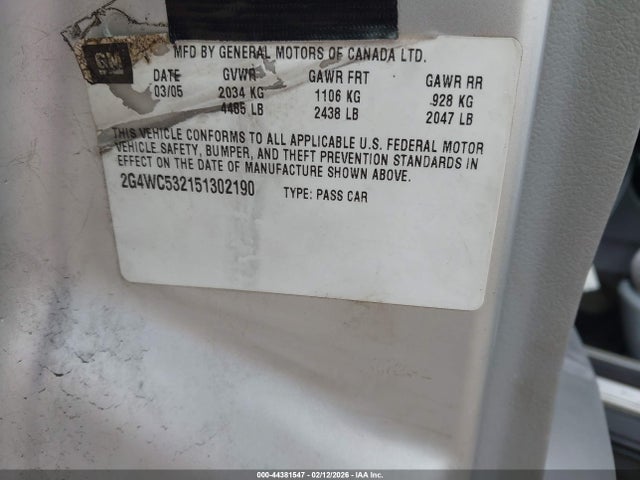 Aukcja sprzedaży 2005 Buick Lacrosse Cx, vin: 2G4WC532151302190, numer aukcji: 44381547