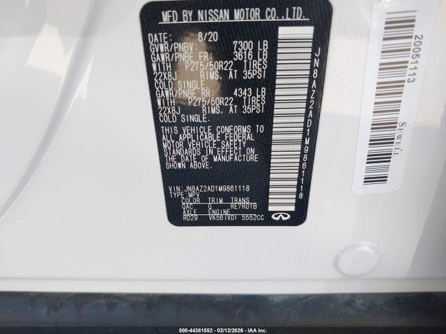 44381552 :رقم المزاد ، JN8AZ2AD1M9861118 vin ، 2021 Infiniti Qx80 Premium Select مزاد بيع