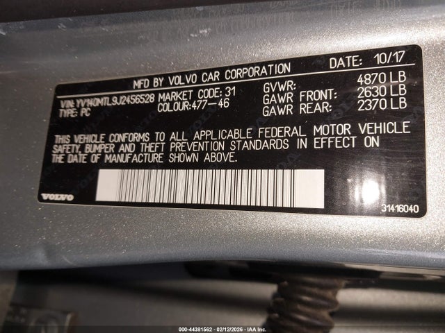 44381562 :رقم المزاد ، YV140MTL9J2456528 vin ، 2018 Volvo S60 T5 Dynamic مزاد بيع