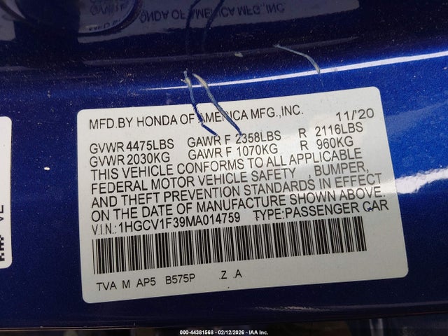 Продажа на аукционе авто 2021 Honda Accord Sport, vin: 1HGCV1F39MA014759, номер лота: 44381568