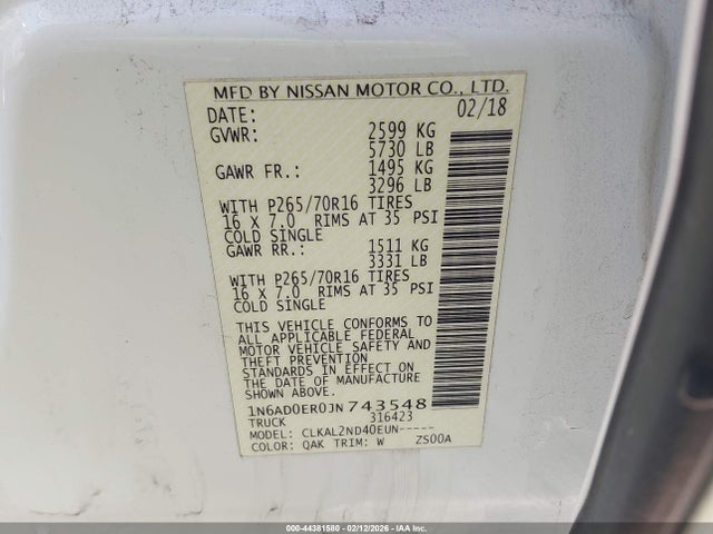 1N6AD0ER0JN743548 Nissan Frontier Sv