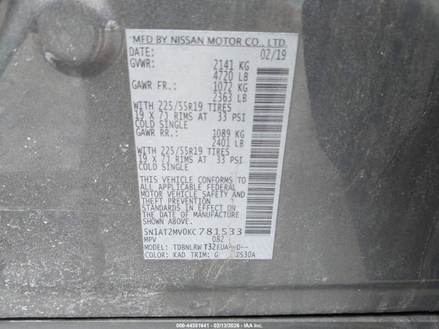 44381641 :رقم المزاد ، 5N1AT2MV0KC781533 vin ، 2019 Nissan Rogue S/sl/sv مزاد بيع