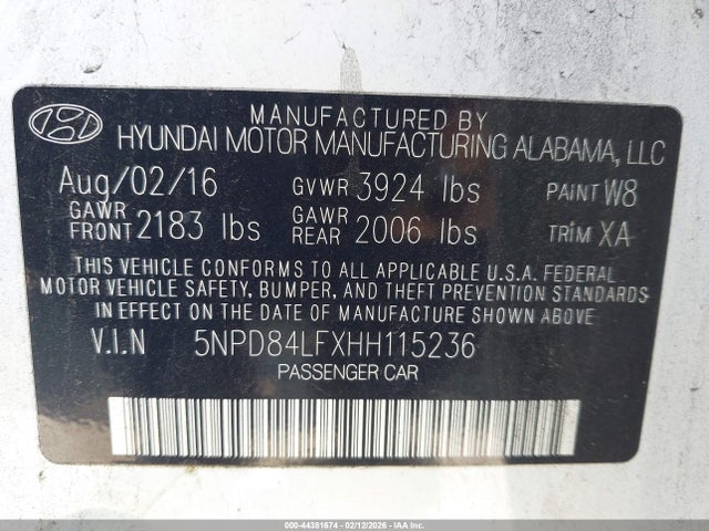 5NPD84LFXHH115236 Hyundai ELANTRA SE