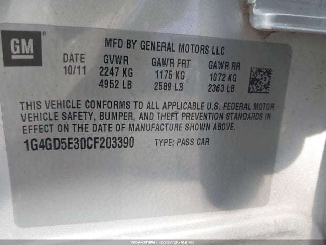 Продаж на аукціоні авто 2012 Buick Lacrosse Premium 1 Group, vin: 1G4GD5E30CF203390, номер лоту: 44381684