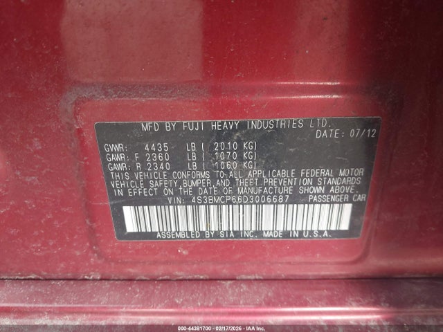 2013 Subaru Legacy 2.5i Limited მანქანა იყიდება აუქციონზე, vin: 4S3BMCP66D3006687, აუქციონის ნომერი: 44381700