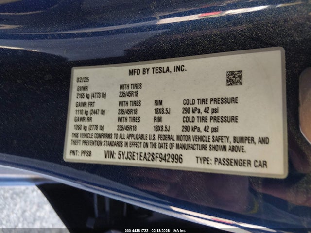 Продаж на аукціоні авто 2025 Tesla Model 3 Long Range Rear-wheel Drive/standard Rear-wheel Drive, vin: 5YJ3E1EA2SF942996, номер лоту: 44381722
