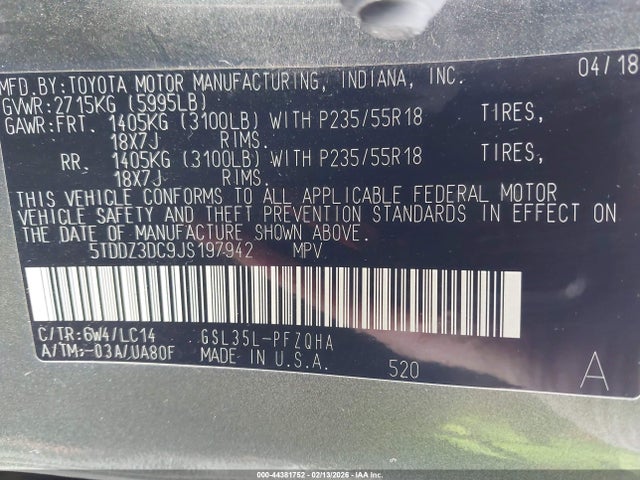 5TDDZ3DC9JS197942 Toyota Sienna Xle 7 Passenger
