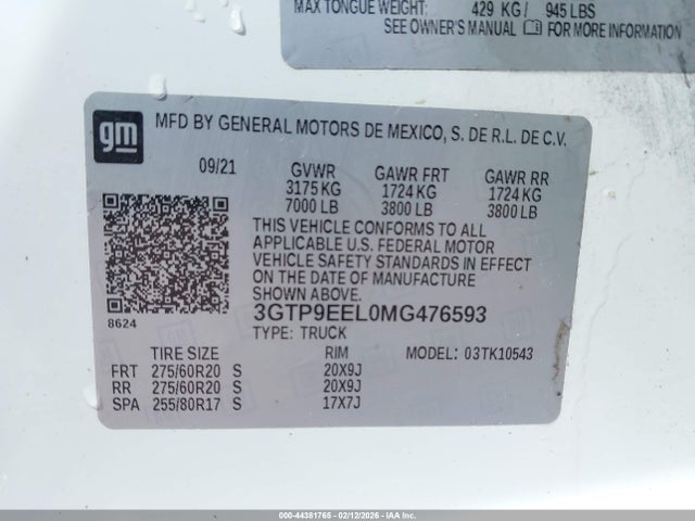 Aukcja sprzedaży 2021 Gmc Sierra 1500, vin: 3GTP9EEL0MG476593, numer aukcji: 44381765