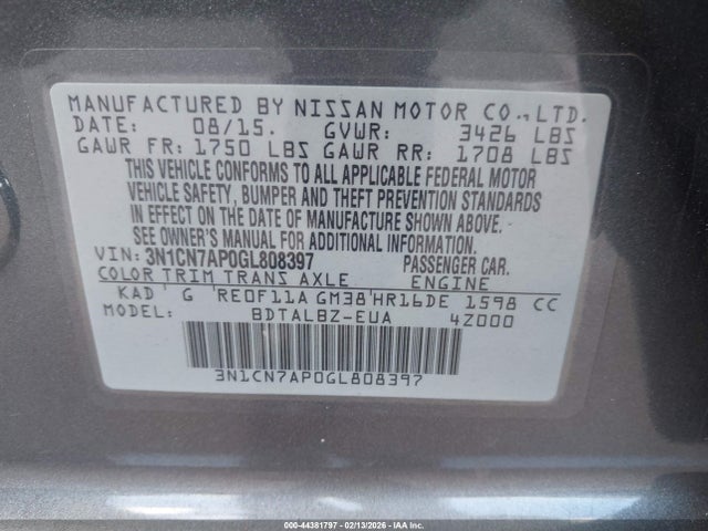 3N1CN7AP0GL808397 Nissan Versa