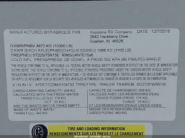 4YDF2722XK3104733 Keystone Hideout Sg272fwre