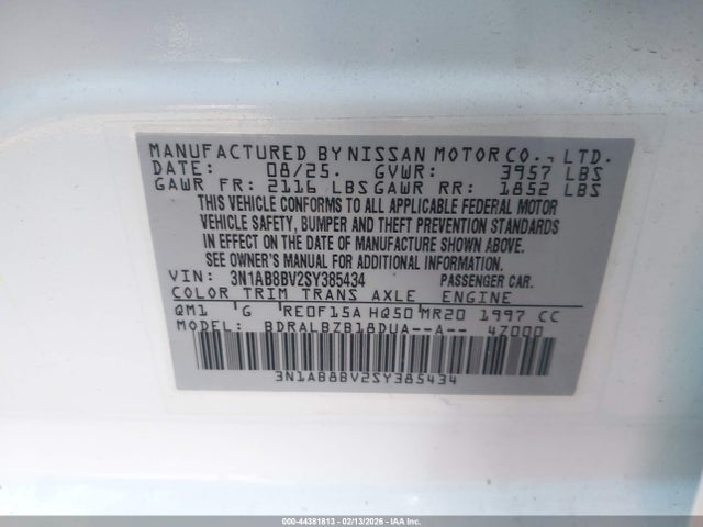 Aukcja sprzedaży 2025 Nissan Sentra S, vin: 3N1AB8BV2SY385434, numer aukcji: 44381813