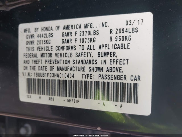 2017 Acura Tlx მანქანა იყიდება აუქციონზე, vin: 19UUB1F33HA010404, აუქციონის ნომერი: 44381822