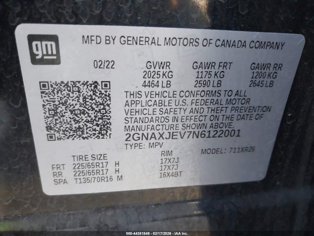2GNAXJEV7N6122001 Chevrolet Equinox Fwd 2fl