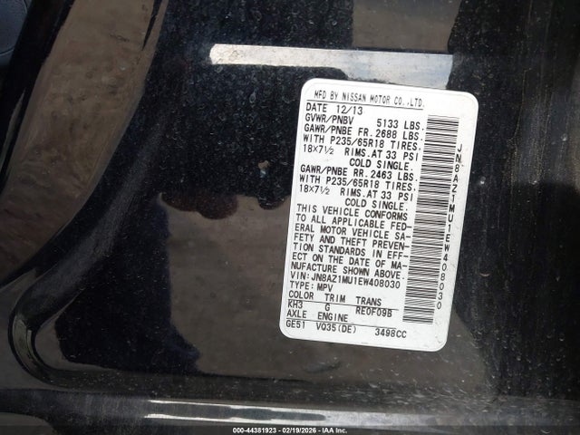 Продажа на аукционе авто 2014 Nissan Murano Le/s/sl/sv, vin: JN8AZ1MU1EW408030, номер лота: 44381923