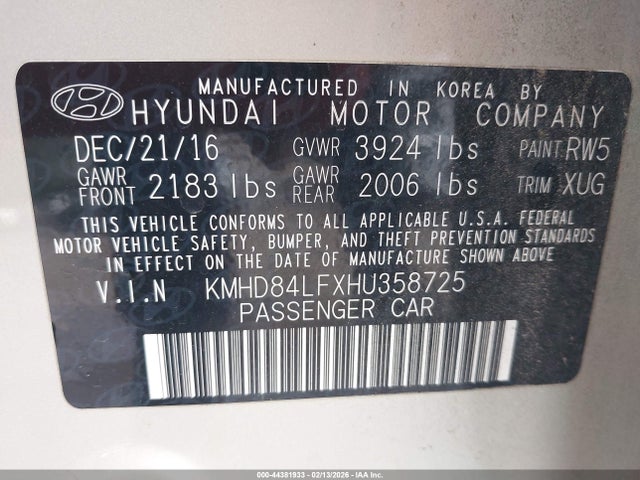 KMHD84LFXHU358725 Hyundai Elantra Value Edition