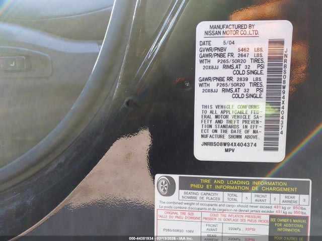 44381934 :رقم المزاد ، JNRBS08W94X404374 vin ، 2004 Infiniti Fx45 مزاد بيع
