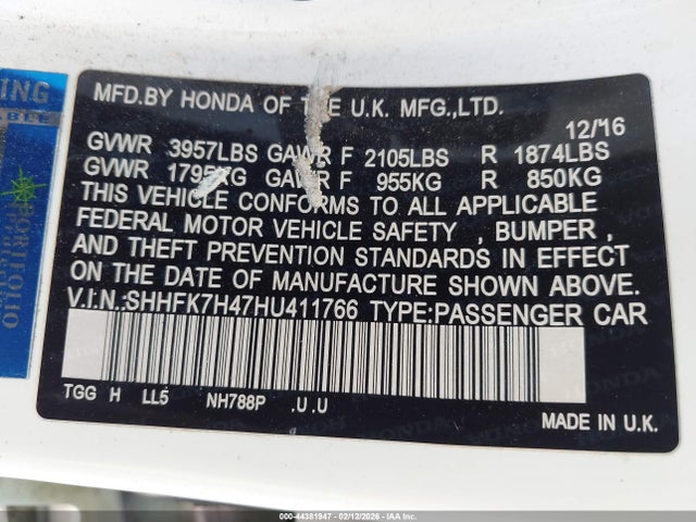 SHHFK7H47HU411766 Honda Civic Sport