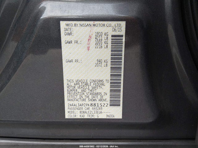 1N4AL3AP2FN881522 Nissan Altima 2.5/2.5 S/2.5 Sl/2.5 Sv