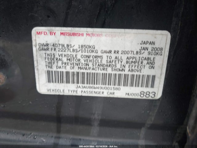 2009 MITSUBISHI LANCER JA3AU86W49U001580 Photo 8
