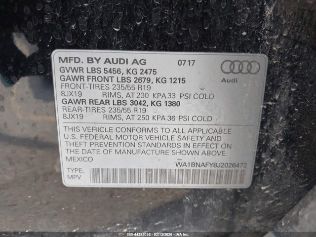 Aukcja sprzedaży 2018 Audi Q5 2.0t Premium/2.0t Tech Premium, vin: WA1BNAFY8J2026472, numer aukcji: 44382035