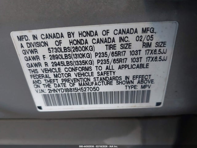 Aukcja sprzedaży 2005 Acura Mdx, vin: 2HNYD18815H527050, numer aukcji: 44382036