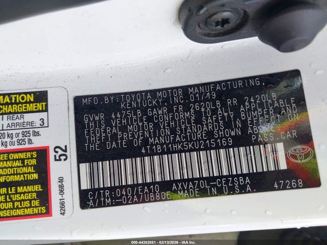 4T1B11HK5KU215169 Toyota CAMRY SE