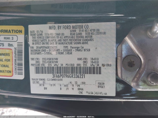 Продажа на аукционе авто 2016 Ford Fusion Se, vin: 3FA6P0T96GR336221, номер лота: 44382057
